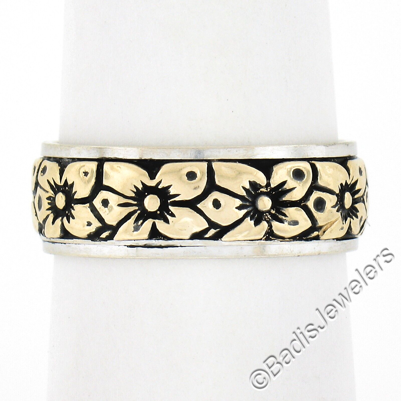 Vintage 14k Two Tone Blackened Gold 6.4mm Engraved Floral Work Wide Band Ring