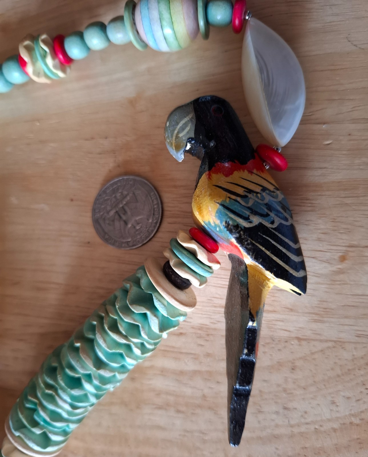 Vintage Tropical Jewelry Hand-Carved Parrots, Wood Beads, Seeds Necklace