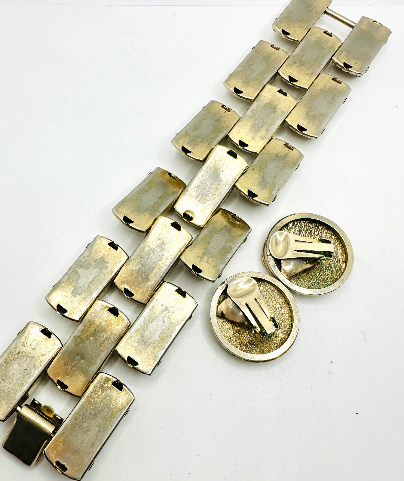 Lot VTG Chunky 1960’s Textured Brushed Gold Tone Dome Link Bracelet & Earrings