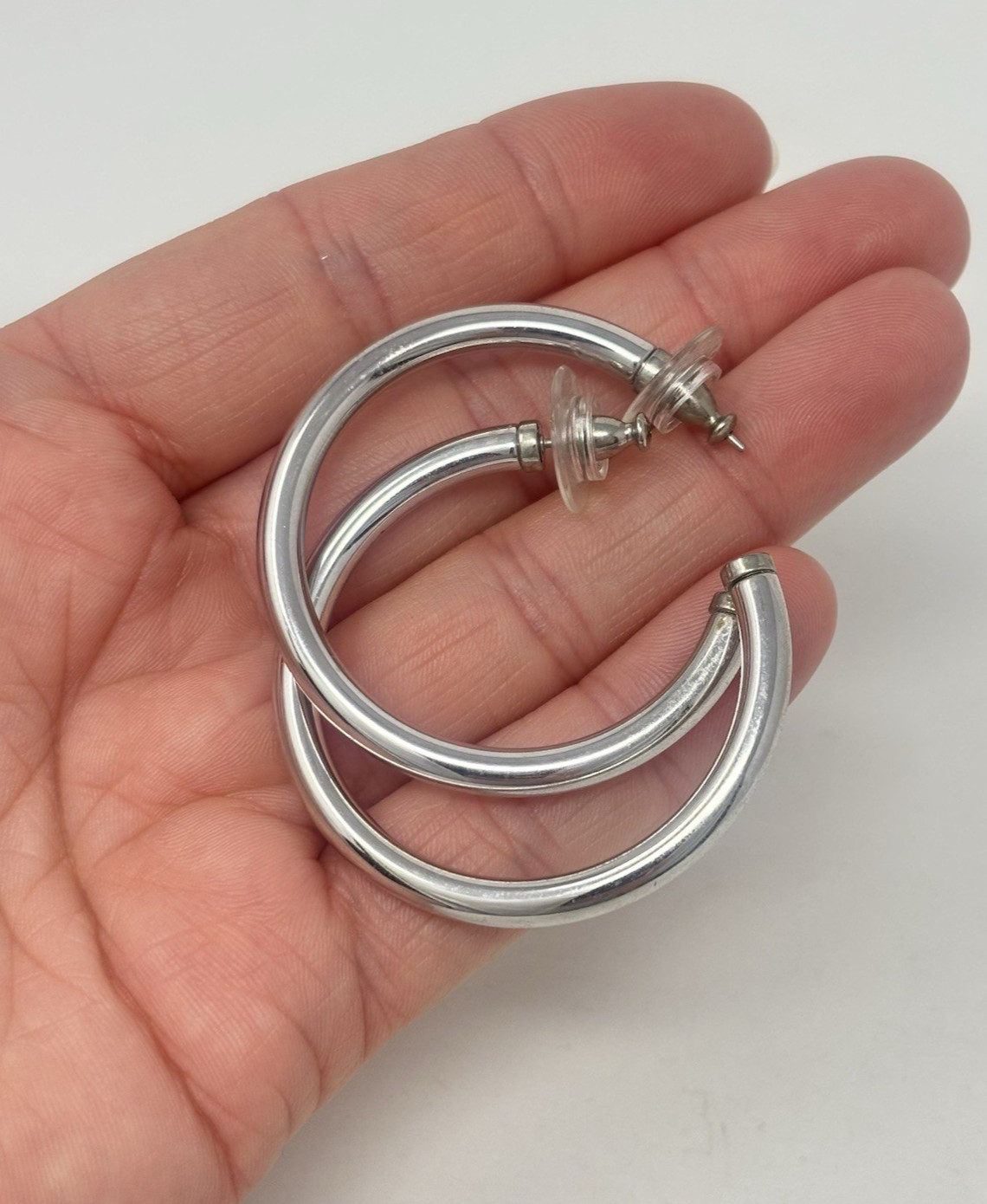 Vintage 90’s MONET Large Tube Hoop Earrings Silver Tone 4mm
