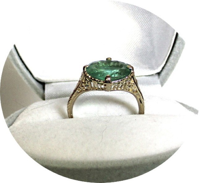 EMERALD Ring- Natural – Art Deco 14k Yellow Gold Filigree Mtg. – Certifcate..