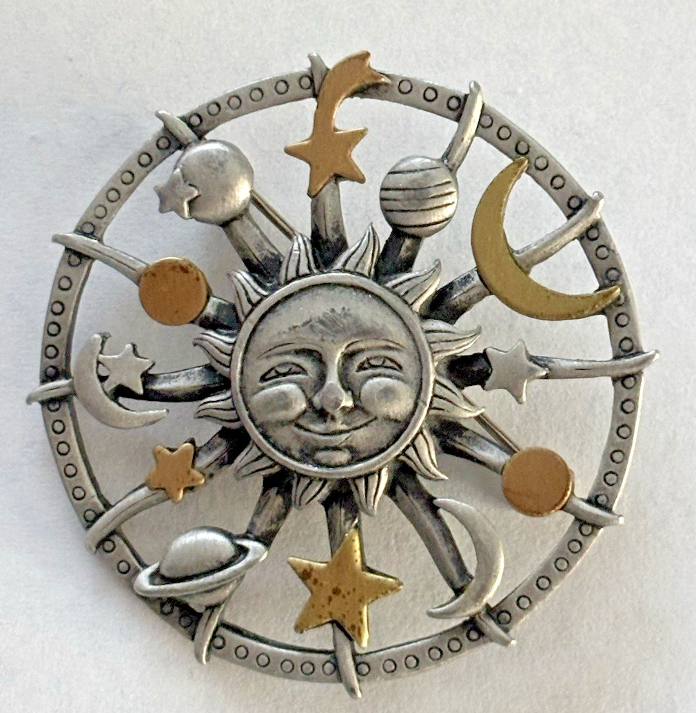Vintage JJ Jonette Signed Celestial Brooch Pin Pewter Gold Tone Sun Moon Stars