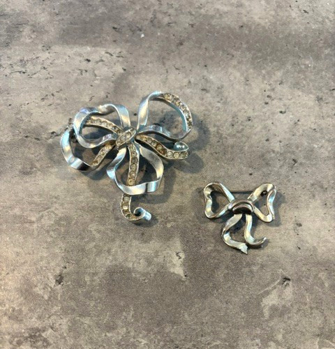 VINTAGE Lot of 2 Silver Tone Rhinestone Bow Shaped Brooch Pin