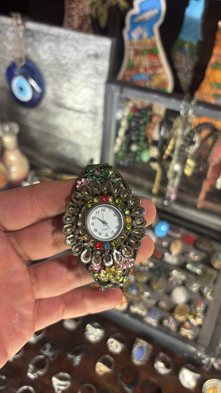 Vintage Jeweled Cuff Watch Bronze Tone Multicolor Crystal Rhinestone Bracelet