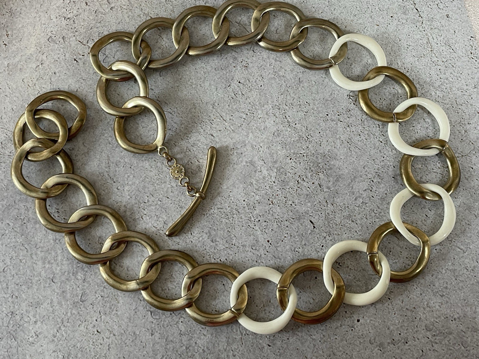 Vintage Monet Gold White Link Necklace Chunky Statement Chain Retro Modern