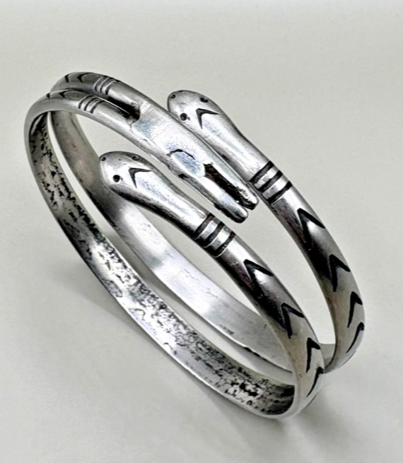 Vintage Sterling Silver Double Snake Wrap Bangle Bracelet 34.2g Hinged Cuff