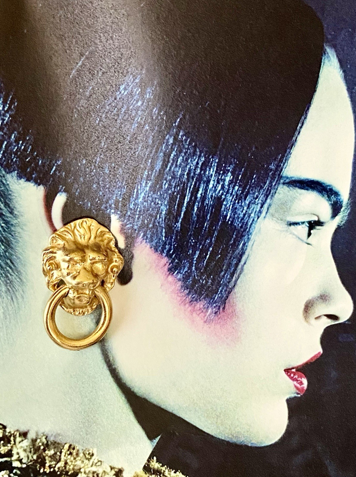 KENNETH J LANE DOOR KNOCKER LION CLIP ON EARRING & OTHER LOT 2 PAIR VTG NOS