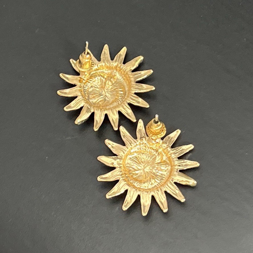 Gold Tone Celestial Sun Moon Necklace Earrings Set Pierced Choker Retro