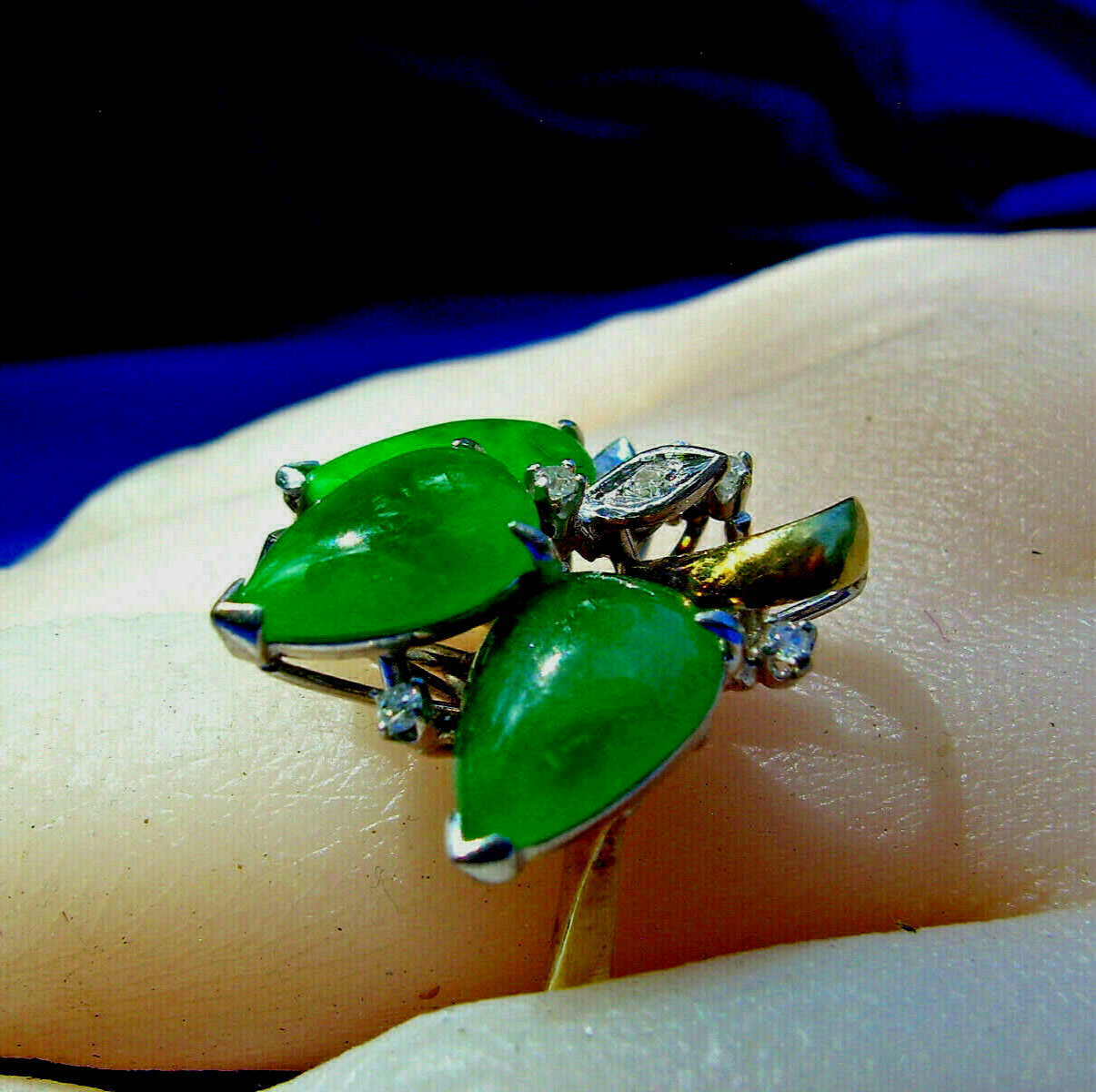 EARTH MINED Jadeite JADE Antique DIAMOND Ring Art Deco SOLID 14K GOLD Statement