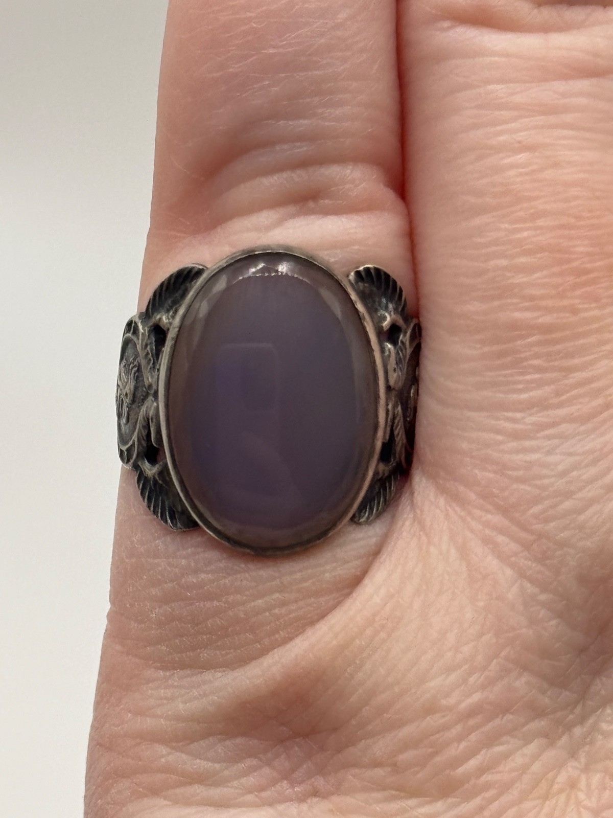 Vintage Art Deco Egyptian Revival Sterling Silver Chalcedony Ring Size 5.5