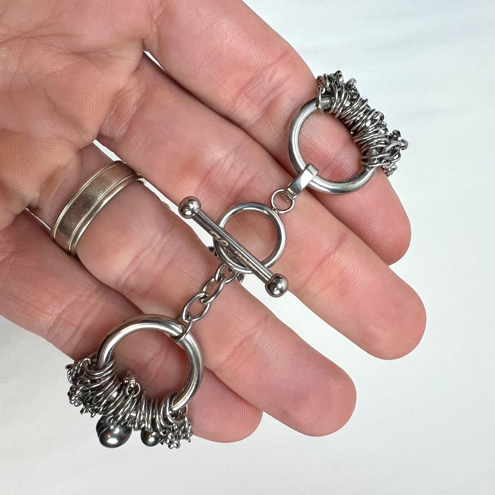 Stainless Steel Multi Strand Chain Bracelet Gray Faux Pearls Toggle Clasp 8 Inch