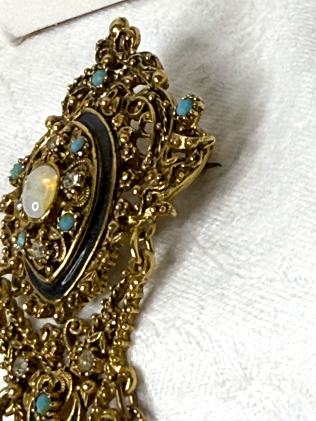 Vintage Florenza Filigree Brooch • Gold-Tone Fringe • Turquoise/Opalette