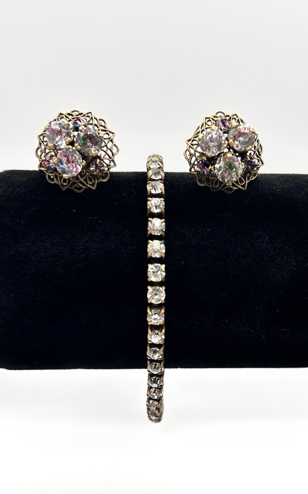 Vtg CZECH Screw-back Cluster EARRINGS and BRACELET SET-Gold Tone-RHINESTONE