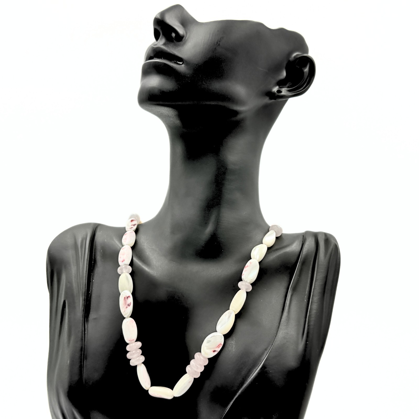 Antique Art Deco Sterling Silver Elongated Shell MOP Rose Quarts Summer Necklace