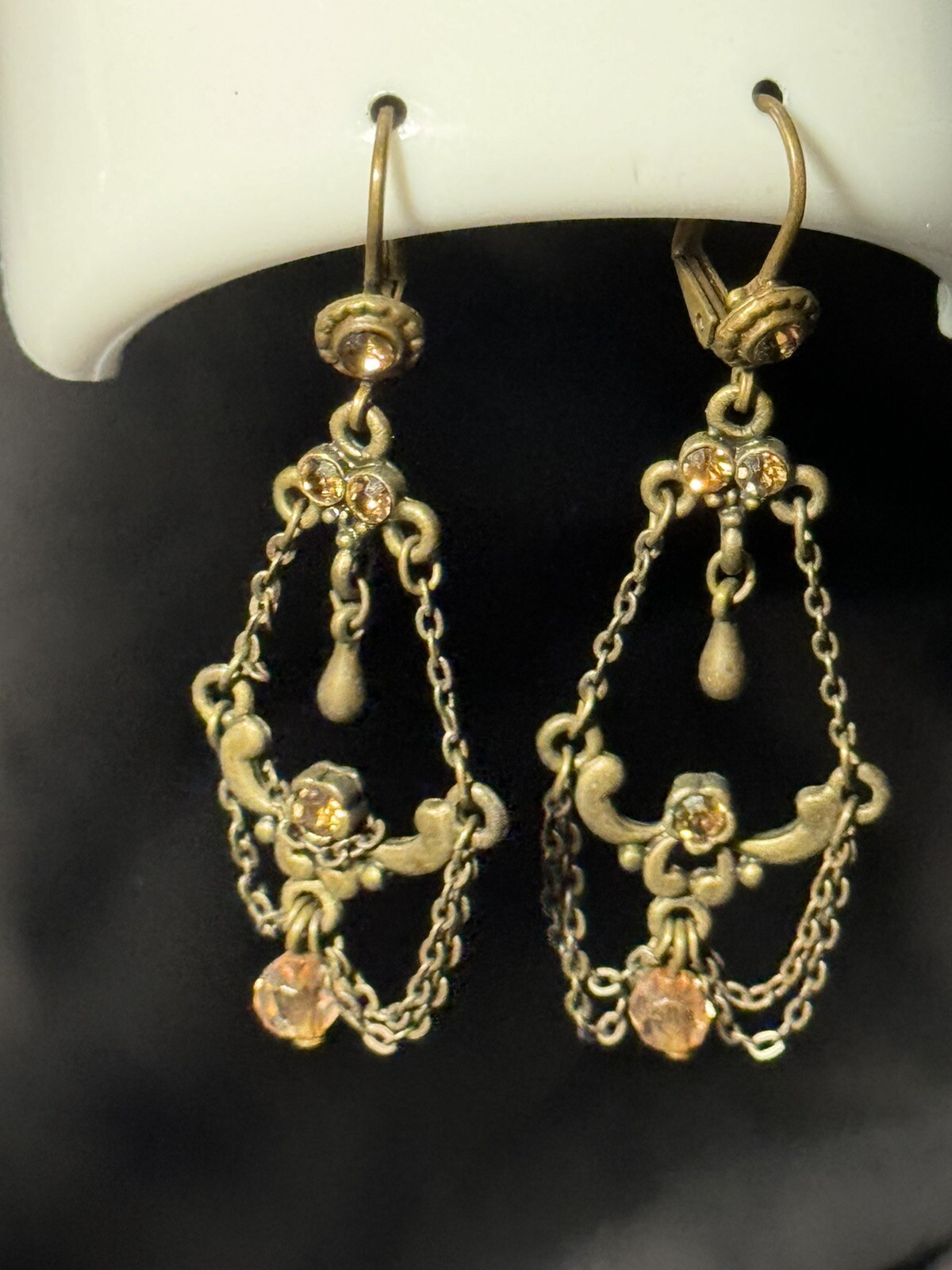 Antique Chandelier Peach Beads Earrings Alloy Metal Self Clasp Beautiful 2inch