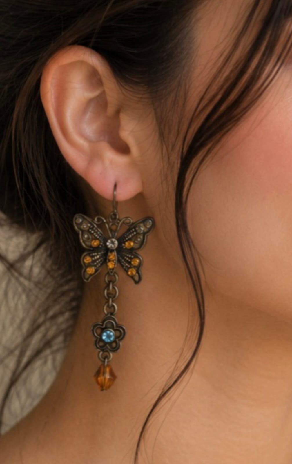 Vintage Butterfly Dangle Earrings Bronze Tone Rhinestone Flower Charm Earrings