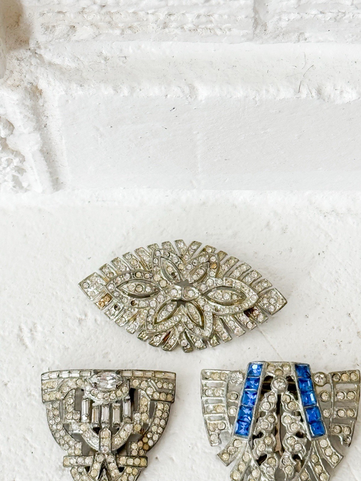 Lot 3 Antique At Deco Rhinestone Dress Clip & Brooch 1930s Estate Jewelry