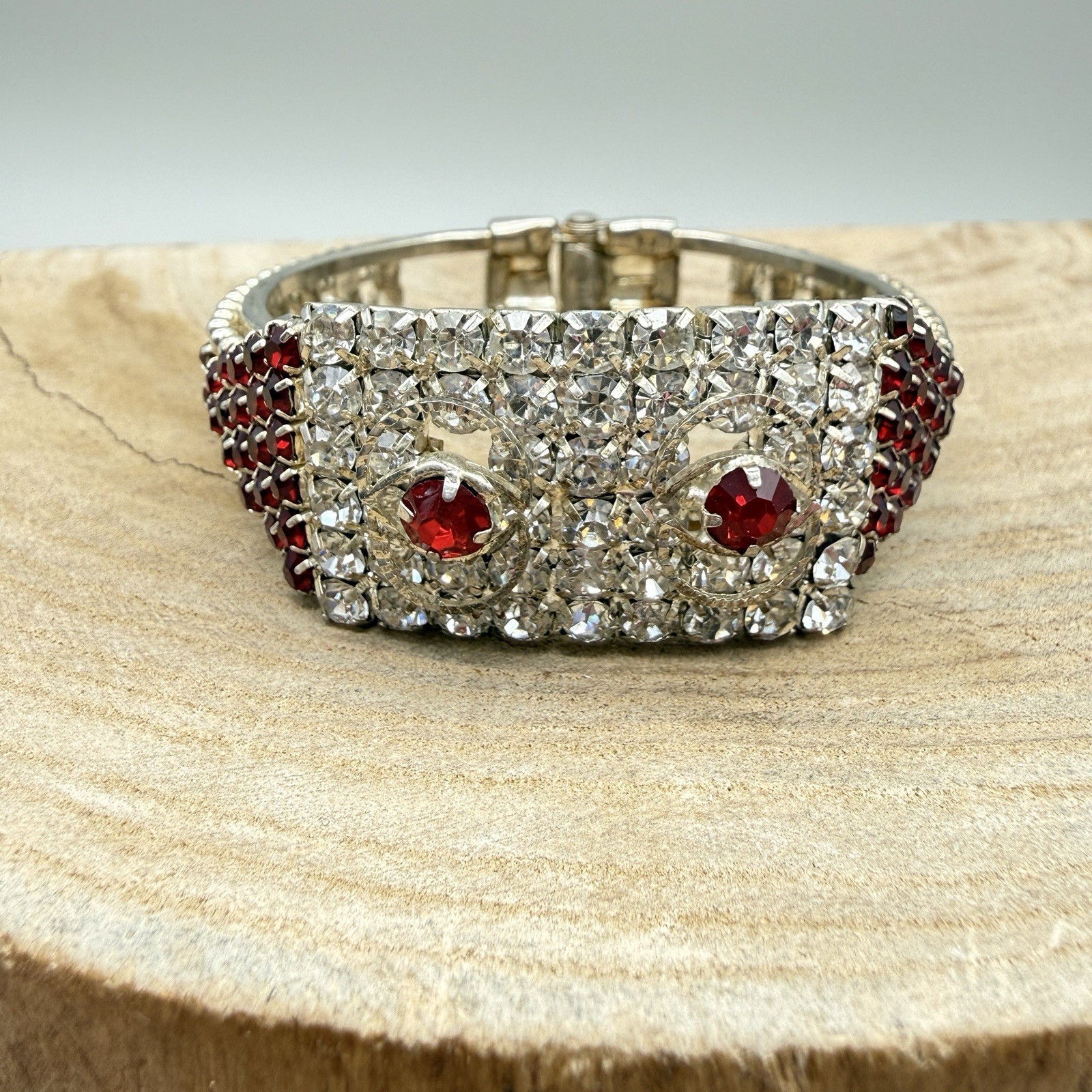 Vintage Red & Clear Rhinestone Hinged Cuff Bracelet Unmarked Red Bracelet