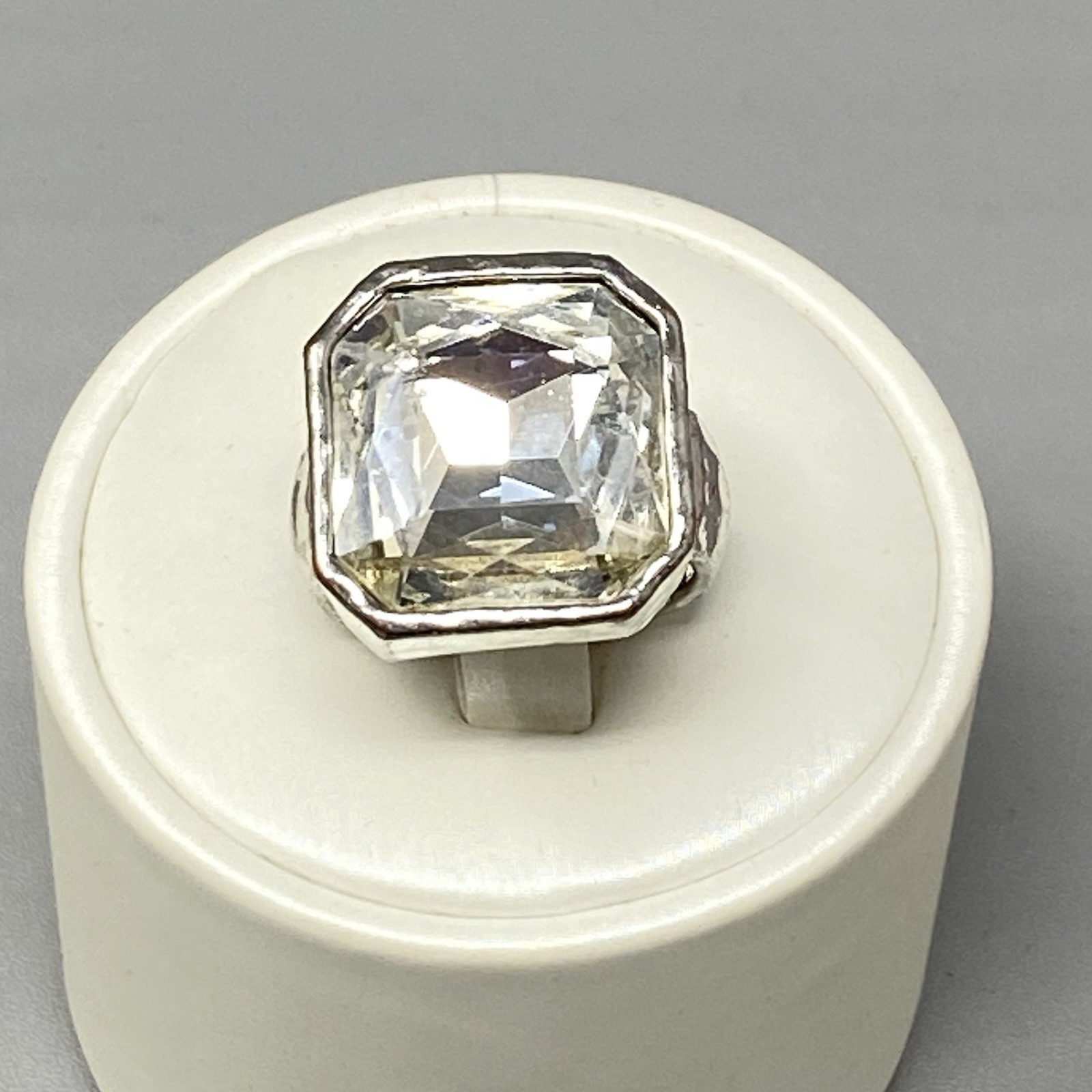 Large Rhinestone Ring Clear Glass Silver Tone Band Bezel Set Wide Band Sz 7.75