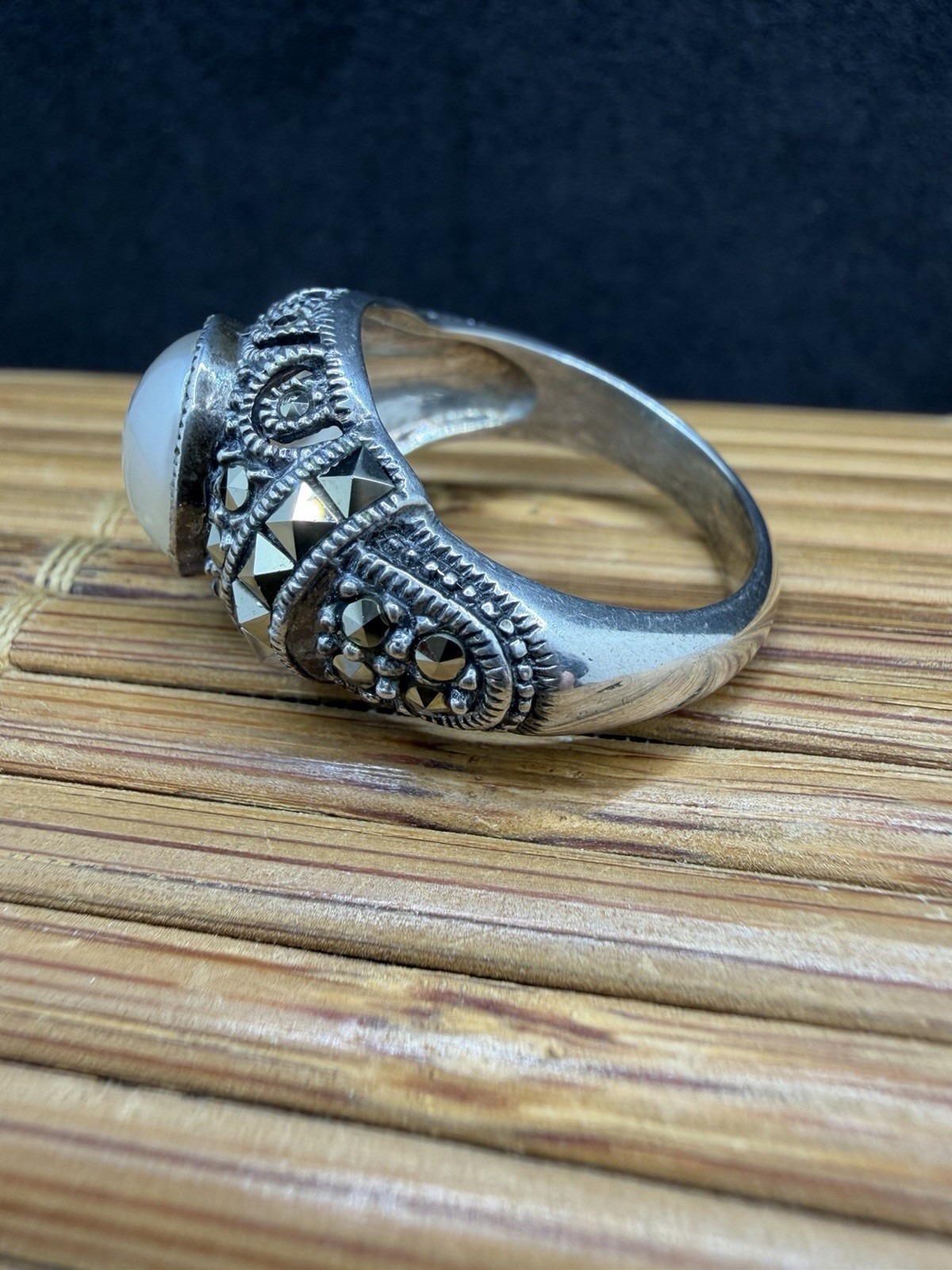 Vintage Judith Jack Sterling Silver Marcasite and Faux Pearl Ring
