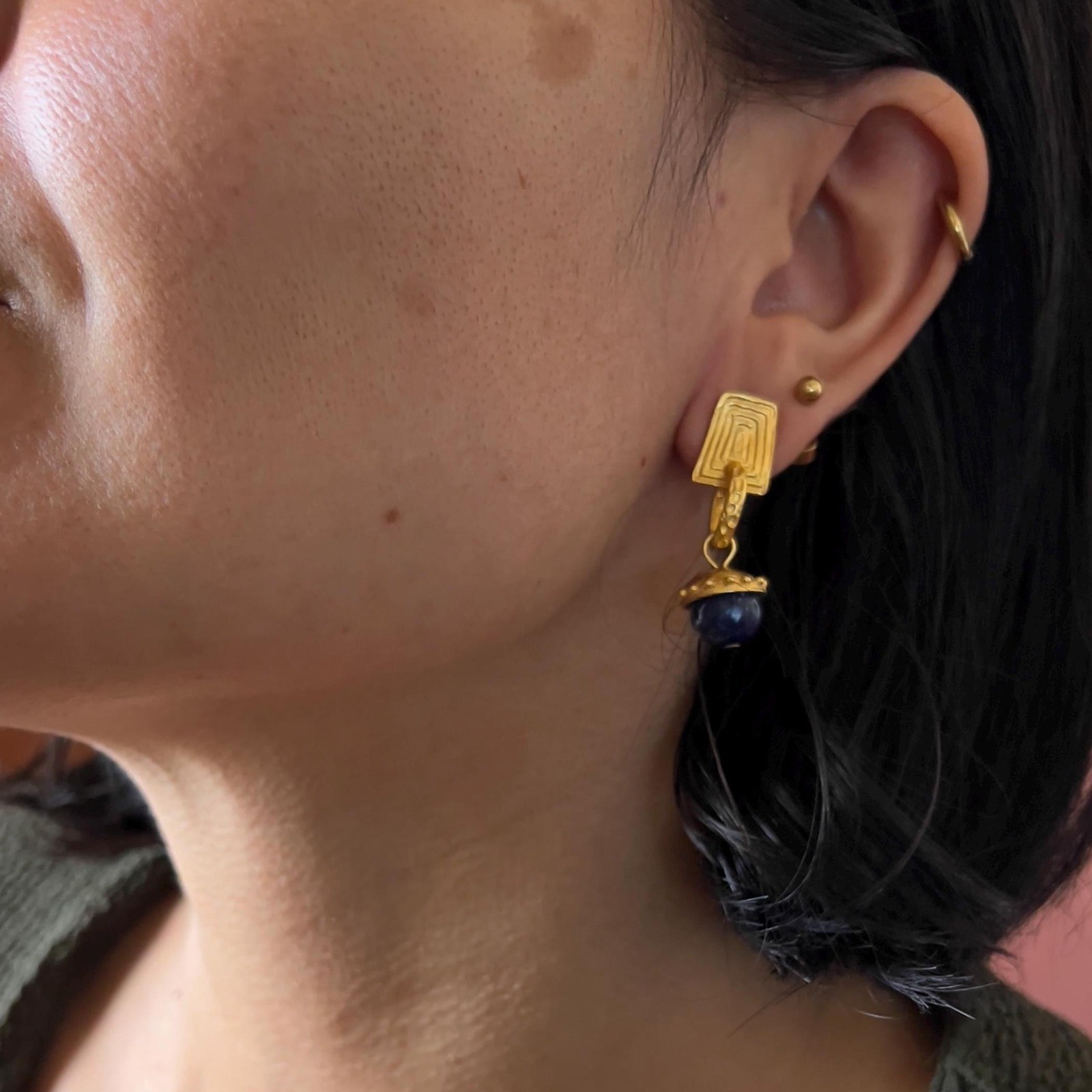 Vintage 80s blue and gold drop earrings glam retro small gift for her