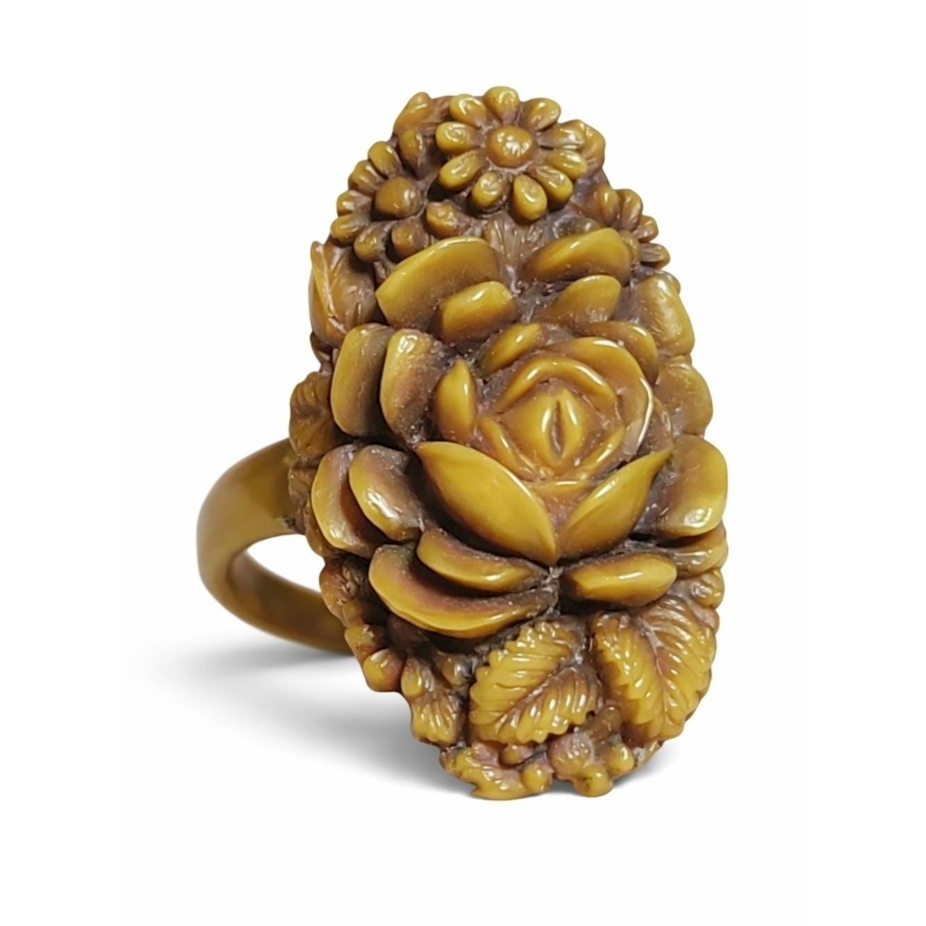 Vintage Carved Floral Butterscotch Celluloid Ring Size 4 Statement Flower Ring