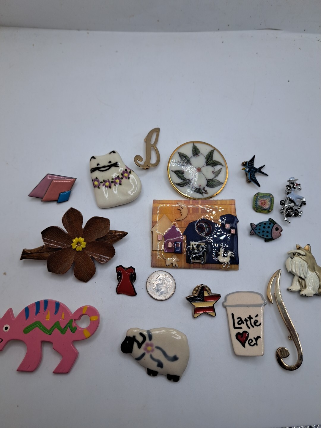 Vtg Lot (17) Pins Lapels Funky Eccentric Cat Flower Dog Handmade Latte Animals