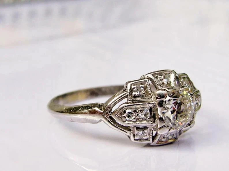 Art Deco Style Round Cut Lab Created Diamond Engagement 14K White Gold FN Ring