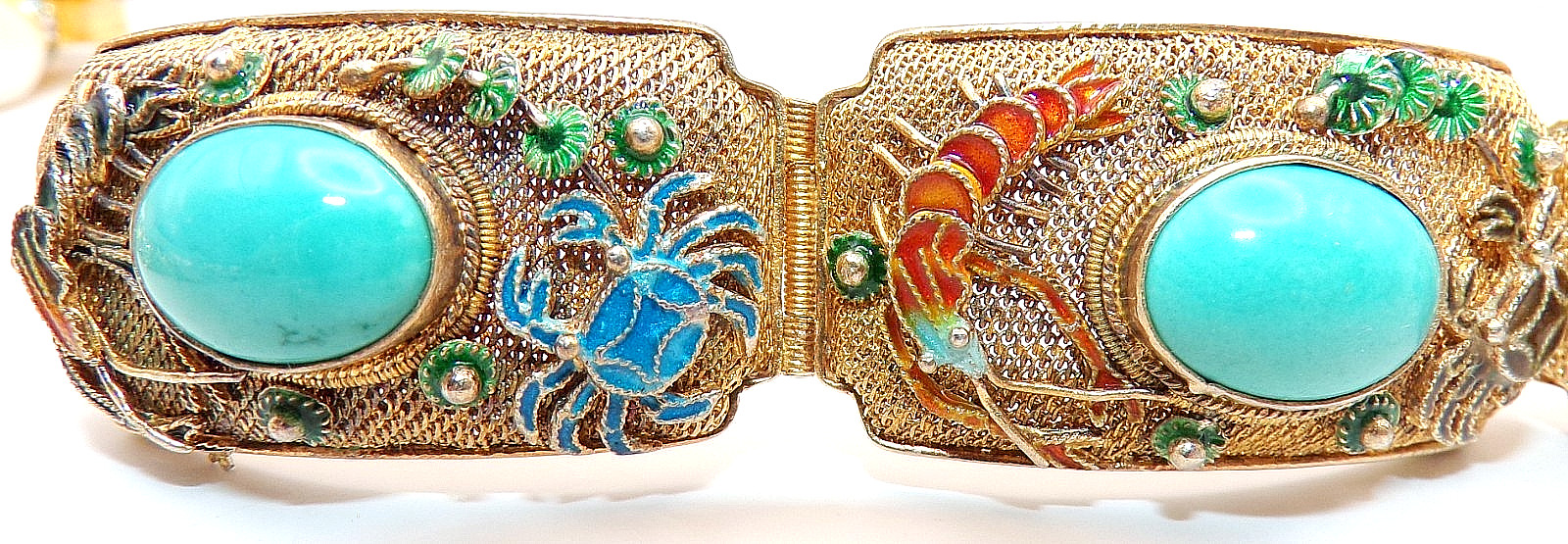 GORGEOUS CHINESE STERLING SILVER 5 Link FILIGREE ENAMEL CORAL Bracelet 7.5″ Long