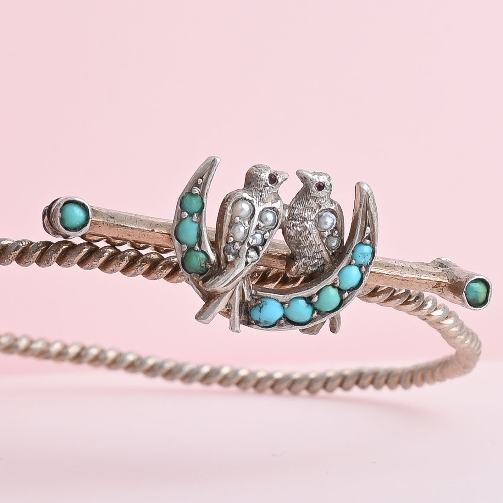 Antique Victorian Crescent Moon Swallow Bird Turquoise Sterling Silver Bracelet
