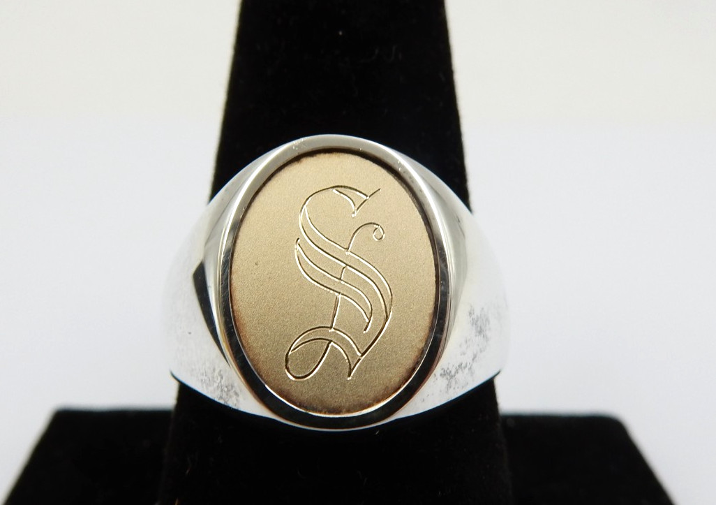 VINTAGE STERLING SILVER 14K GOLD SIGNET RING – “S” MONOGRAM, SIZE 9.5, 12 GRAMS