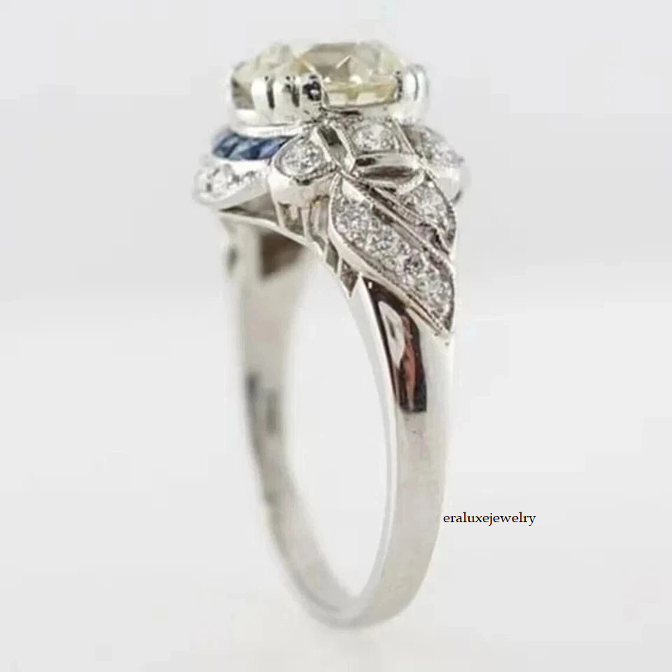 4.2Ct Art Deco Style Lab-Created Diamond Sapphire Wedding 14k White Gold FN Ring