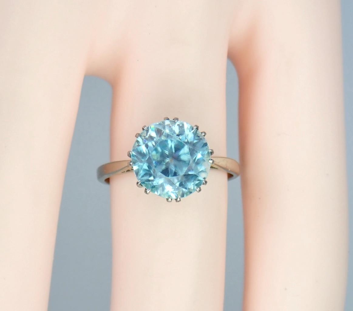 Antique Art Deco 18K Gold 5.4ct Old Cut Blue Zircon Solitaire Engagement Ring 6
