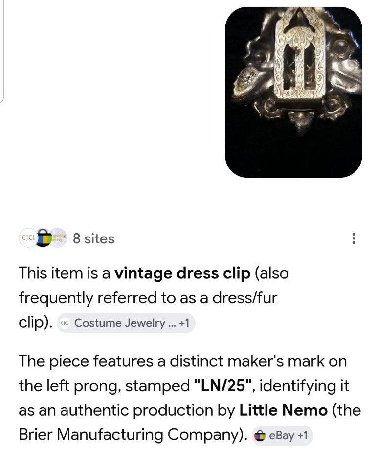 Little Nemo Antique Dress Clip, 3 Inch Signed, LN/25, Pink Rhinestones & Silver