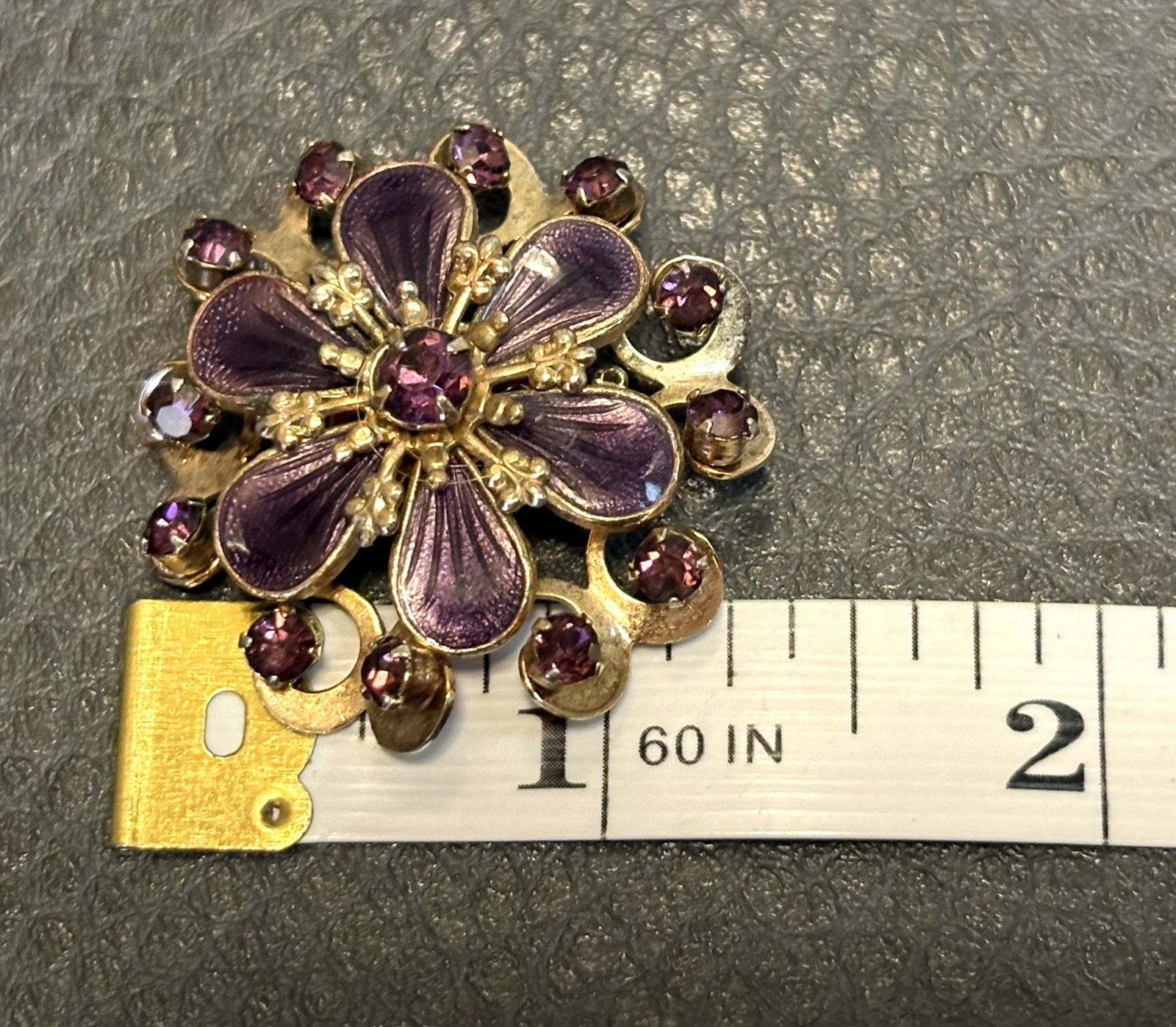 Vintage Faux Amethyst Guilloche Enamel Rhinestone FLOWER Shaped Pin Brooch