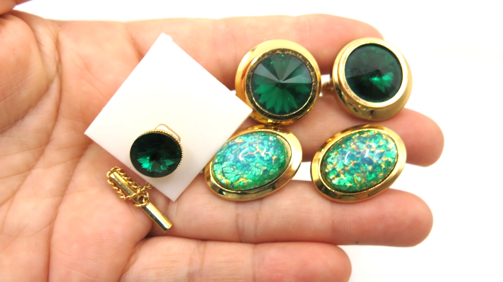 VTG Jewelry Set Lot 20pcs Pendant Brooch bracelet Cufflinks Ring Green gemstones