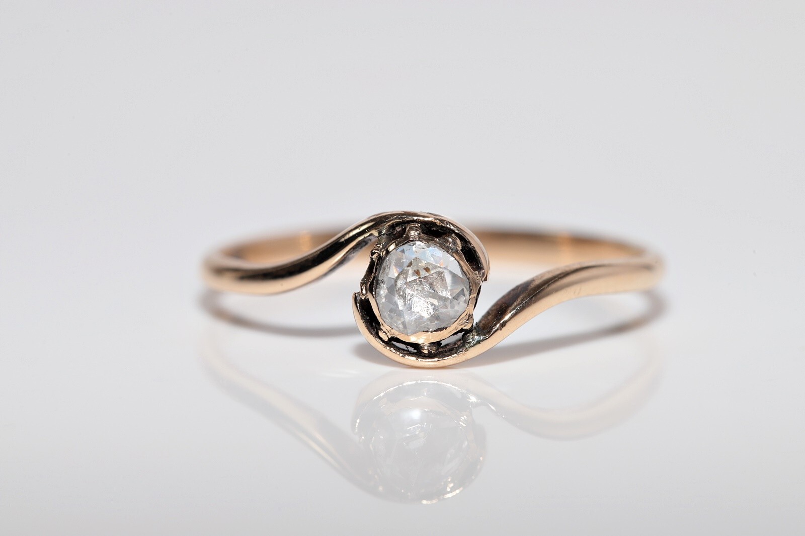 Antique Circa 1900s Handcrafted 14k Gold Natural Rose Cut Diamond Solitaire Ring