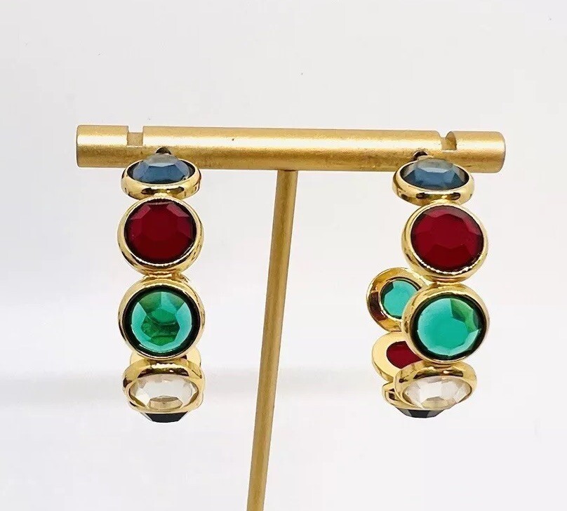 Large Multicolored Bezel Set Crystal Hoop Earrings Posts Vintage Jewelry