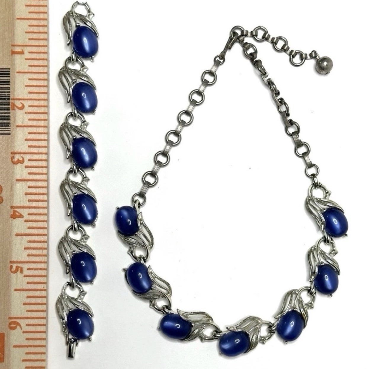 Vtg 1950s Lisner Signed Cobalt Blue Cabochon Leaf Necklace Bracelet Demi Parure