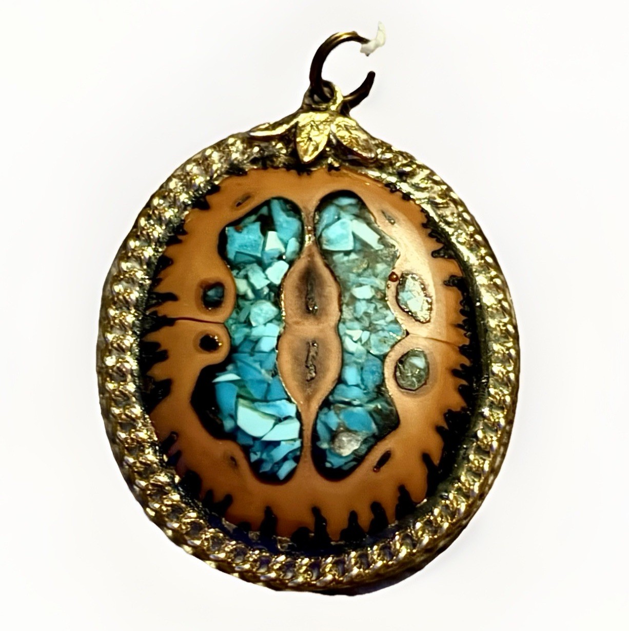 Vintage Wood & Crushed Inlaid Turquoise Pendent