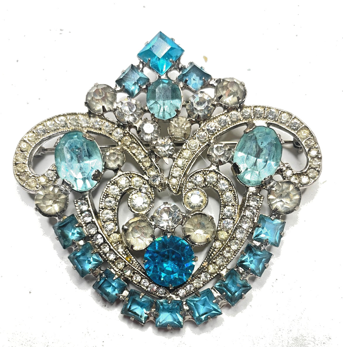 Weiss Co. NY Brooch Pin Pendant Rhinestone Blue White Silver Tone Metal