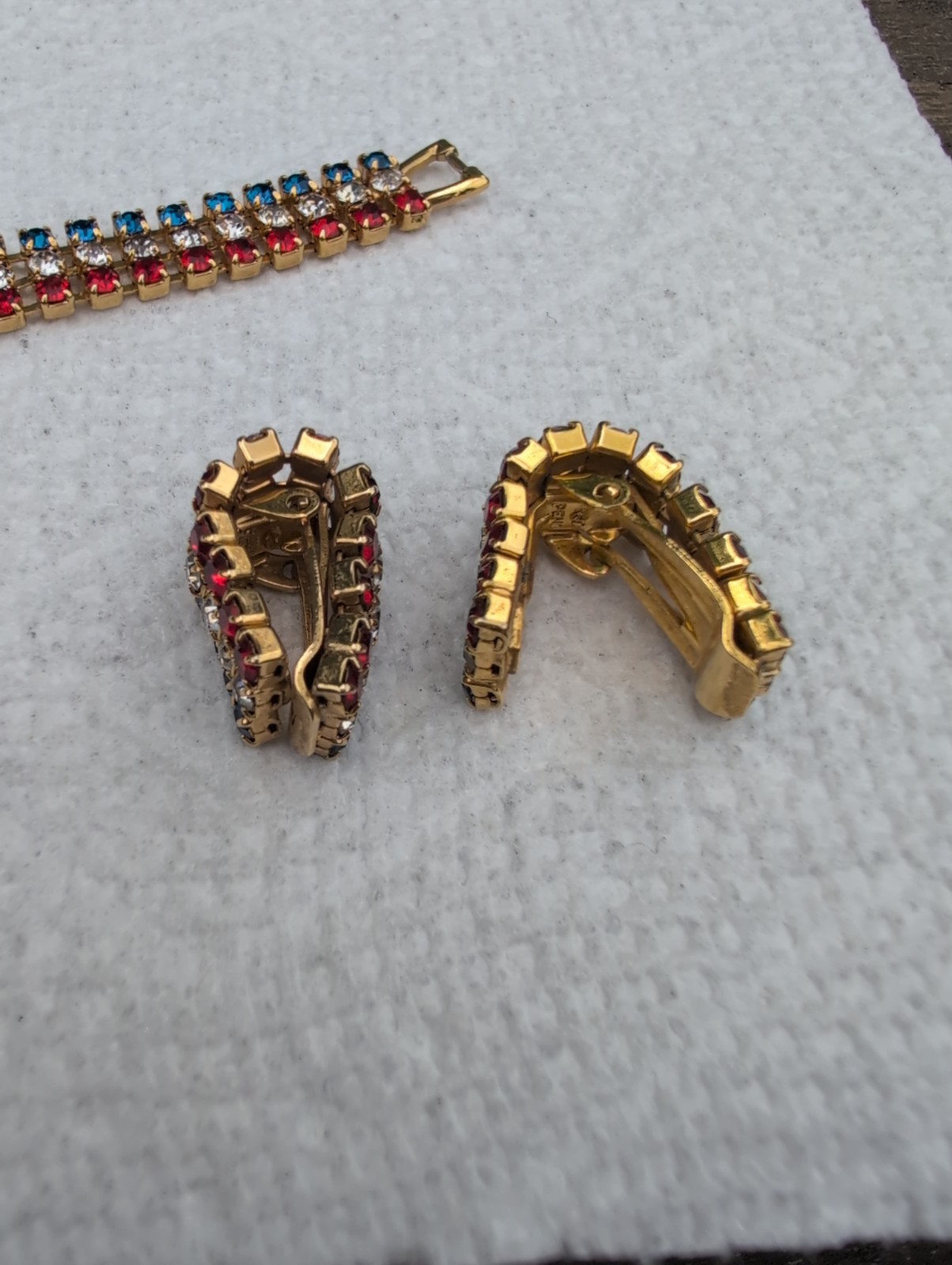 Vintage Red White & Blue Rhinestones Bracelet Clip On Earring Set 4th Of July
