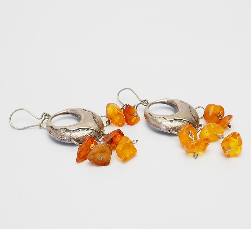 Vintage handmade traditional melchior and Baltic amber dangle earrings