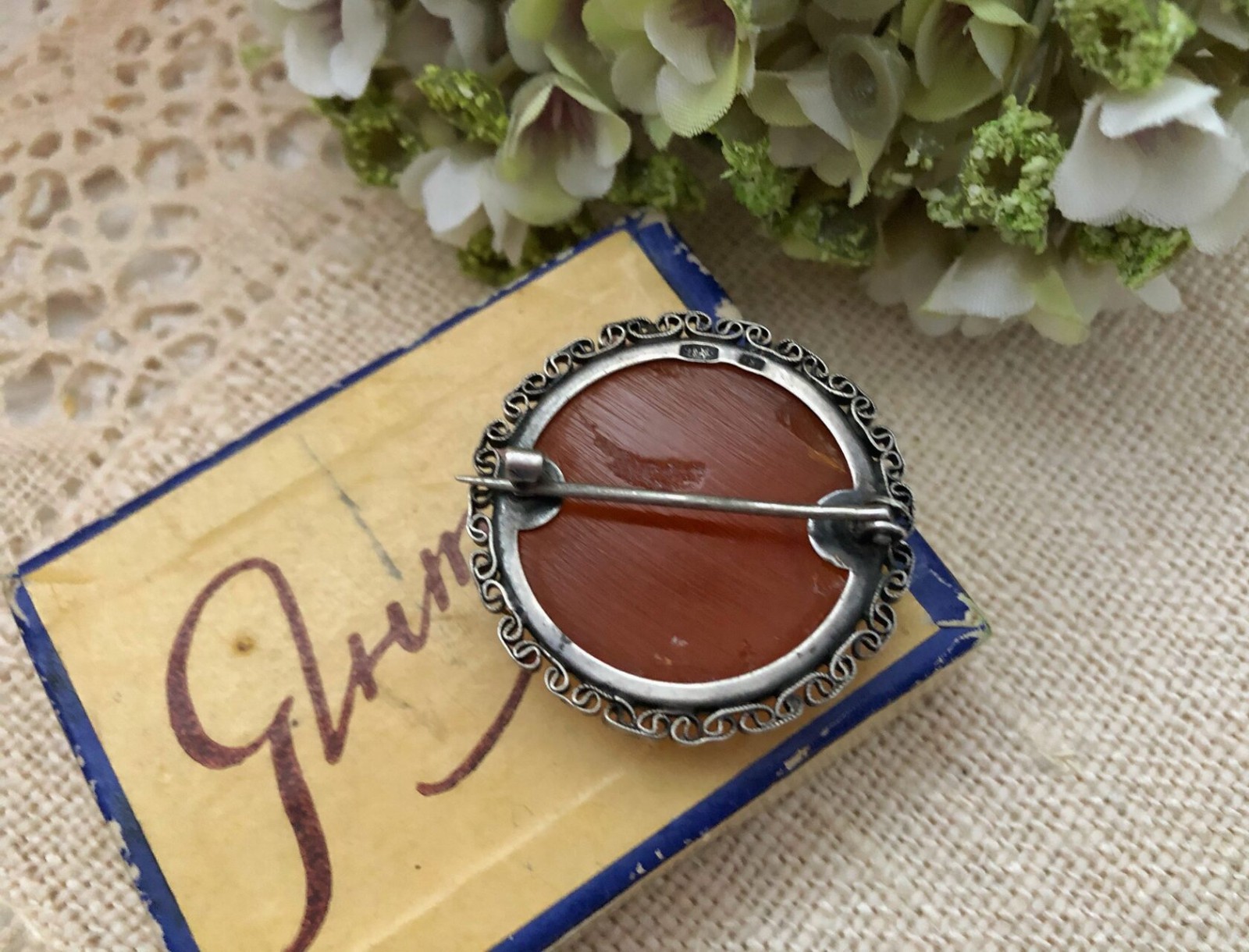 Estate Jewelry Rare Soviet Vintage Brooch Sterling Silver 875 Amber Stone USSR