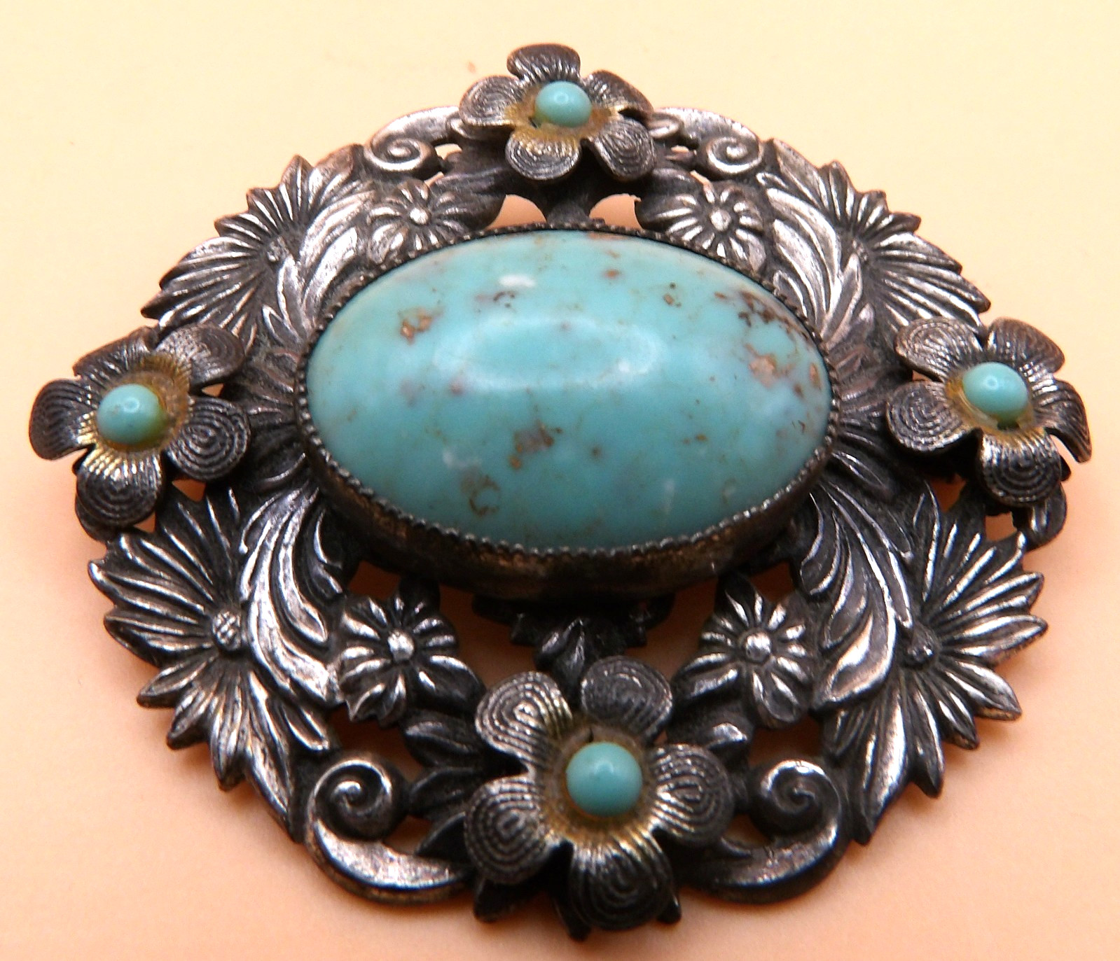Czech Silver Faux Turquoise Blue Glass Round Brooch-Czech Republic