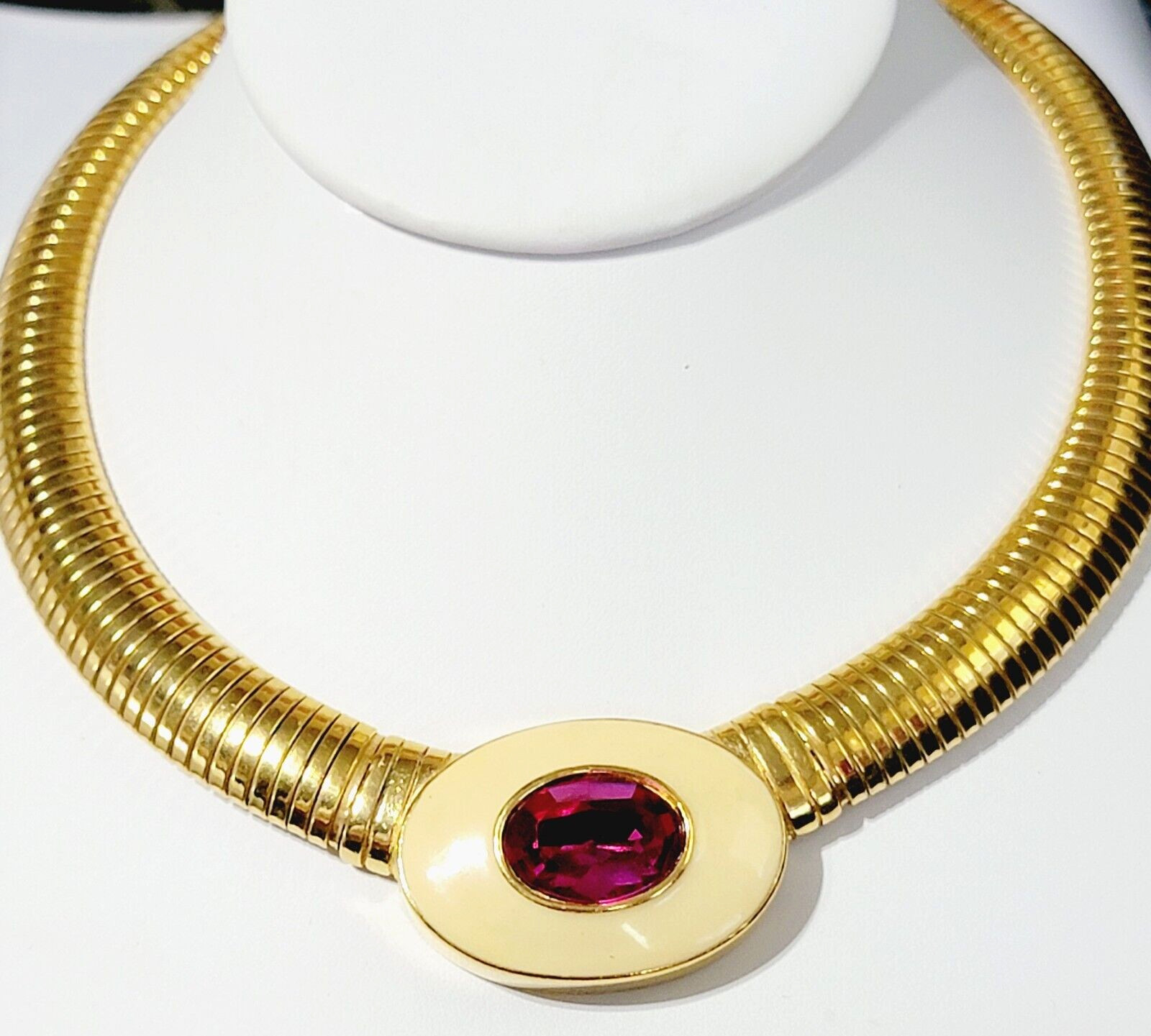 Vintage Yves Saint Laurent YSL Pink Crystal Tubogas Cream Enamel Collar Necklace