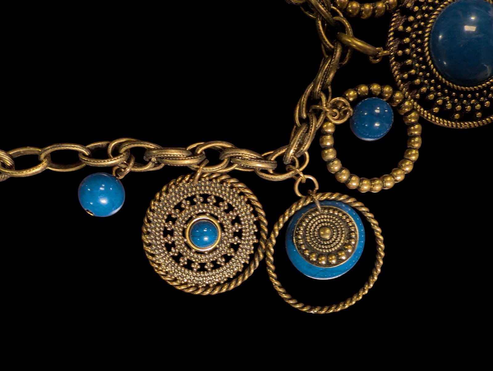 Antique PILGRIM Brass Blue Cabochon Bohemian Y2K Vintage Necklace