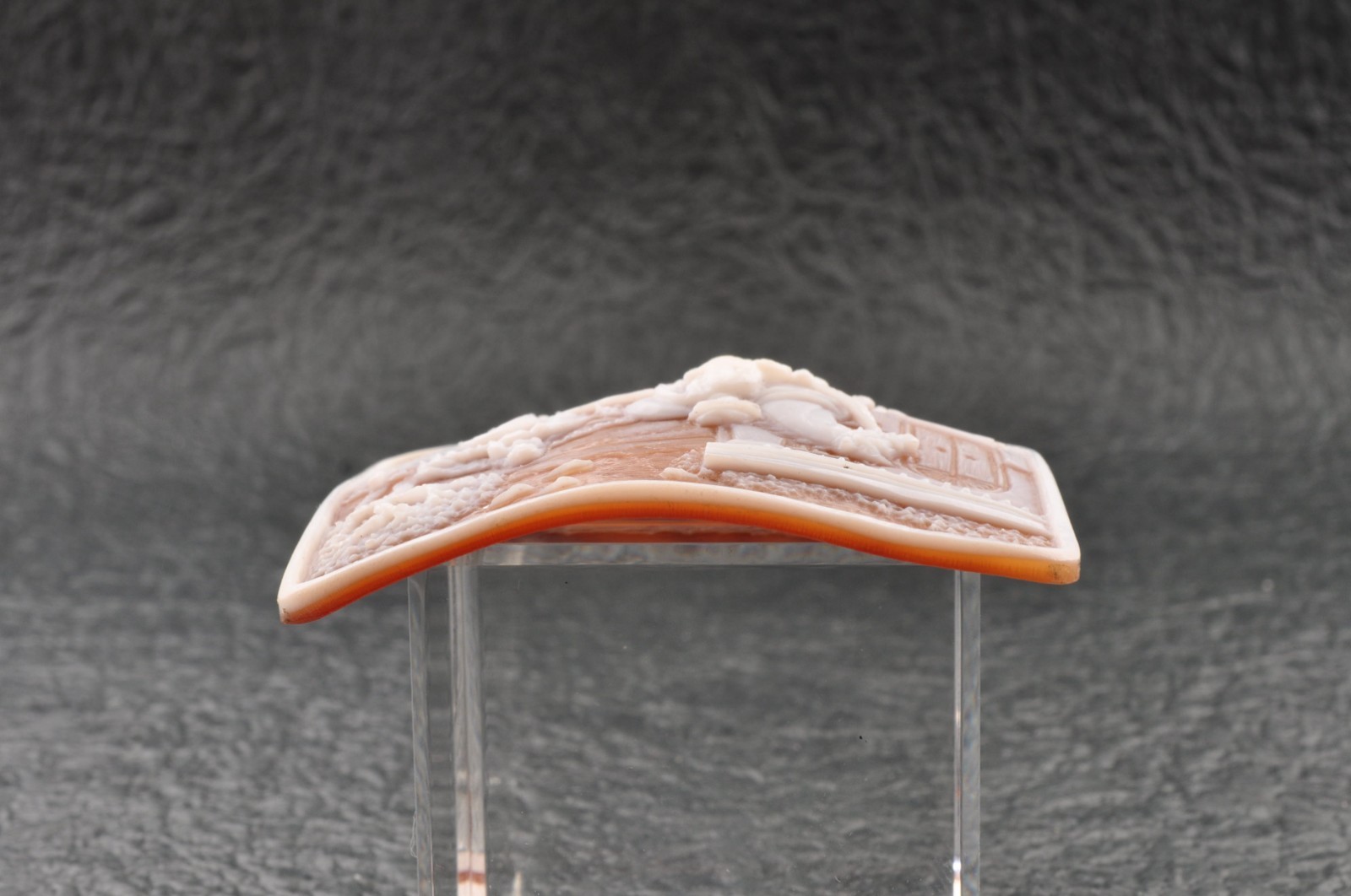 Vintage square shell cameo, carved “Women going out”, (74.5ct) sign by artist.