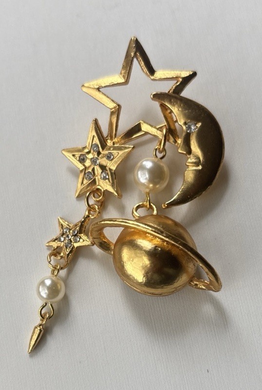 VTG Crescent Moon Stars & Saturn Brooch / Gold Tone Metal W/ Faux Pearls 3”