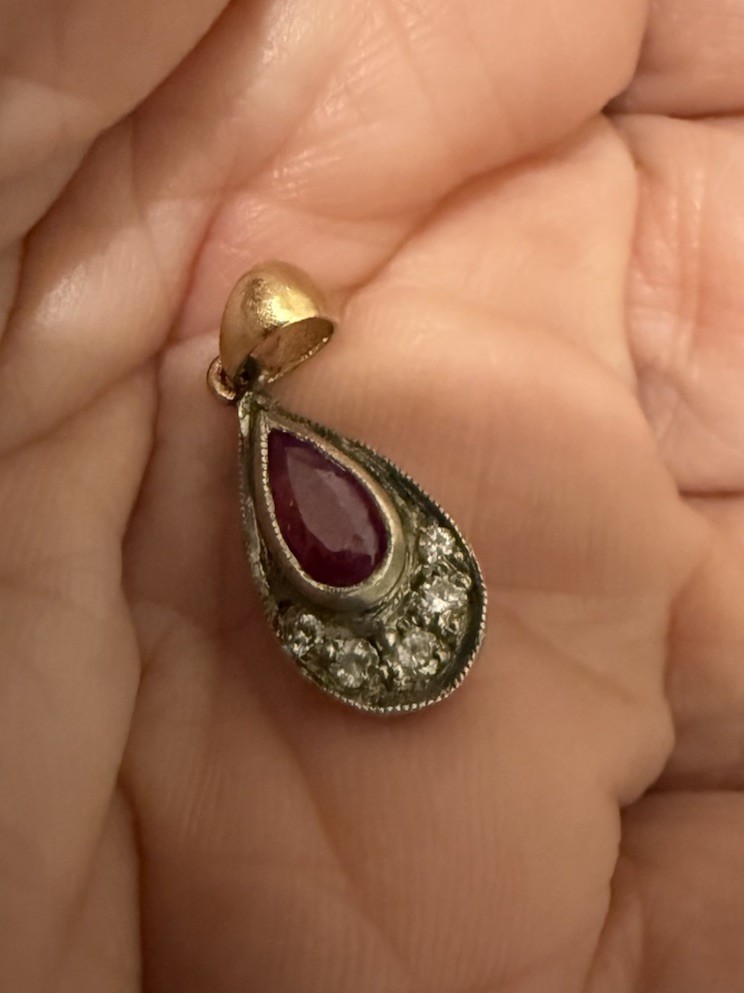 Antique Old Mine Rose Cut Diamond 14K Gold and Silver pendant Ruby Center Stone